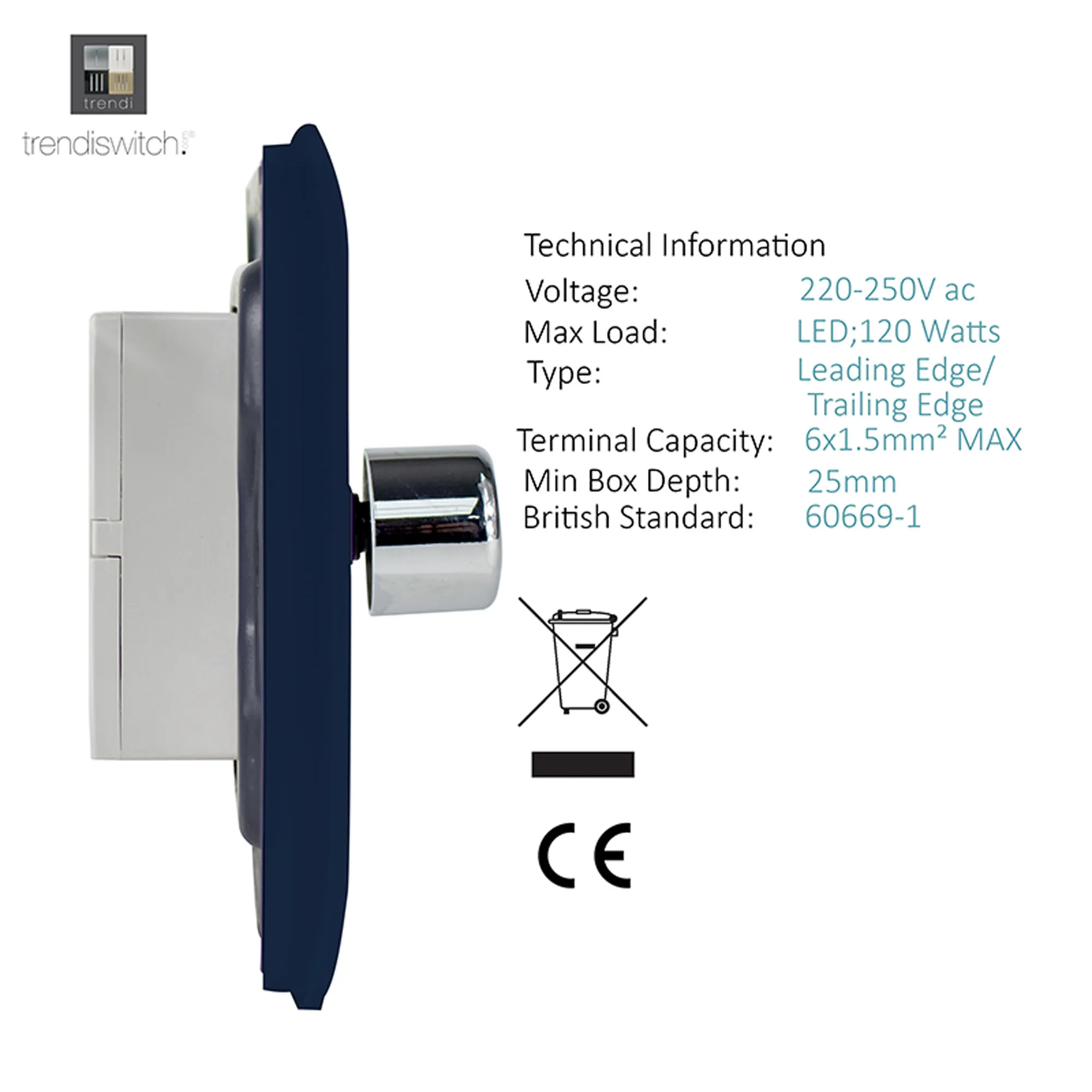 1 Gang 1 Way LED Dimmer Switch Navy Blue ART-LDMNV  Trendi Navy